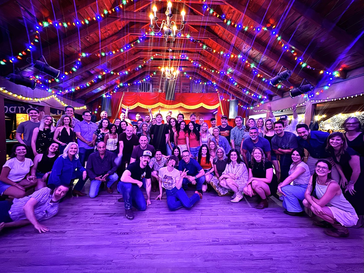 Intermediate two-step lesson group on the dance floor at Sagebrush in South Austin, Texas
